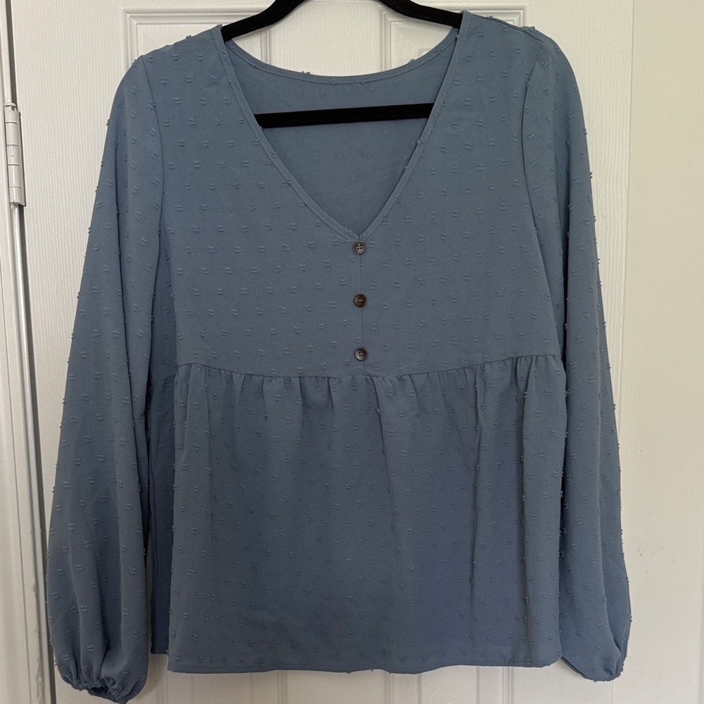 Dusty Blue Textured V-Neck Blouse